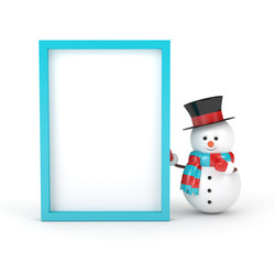 3d rendering of snowman with blank board isolated over white