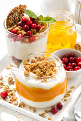 desserts with pumpkin, chocolate and biscuits on white tray