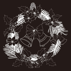 Illustration of the Christmas wreath: spruce/fir twigs, holly, flowers with jingle bells . All elements of white and deep brown. The wreath and bells are isolated.