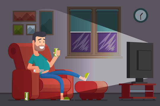 Man watching TV and drinking beer cartoon vector illustration