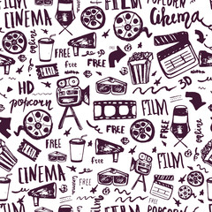 Cinema hand drawn seamless pattern with lettering. Movie making film symbols collection. Cinematography design items: camera, film tape, popcorn, chair, stars.