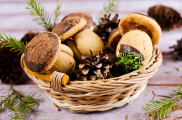 Cookies mushrooms with chocolate icing