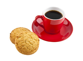 red cup with coffee and cookie