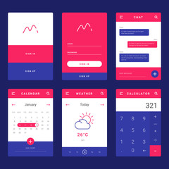 UI, UX and GUI template layout for Mobile Apps. Statistic dashboard, calculator and weather widget, bank card payment for e-commerce. Daily calendar. Blue and orange color ux app. User interface