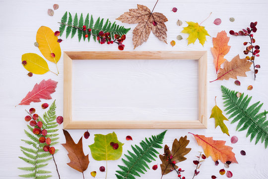 Composition with autumn leaves and picture frame on white wooden background. Flat lay, copy space.