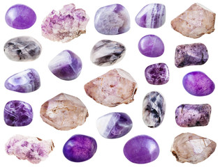 set of various amethyst crystals and gemstone