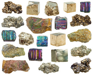 set of various pyrite mineral crystals, stones