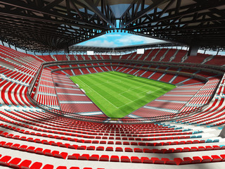 3D render of a large capacity soccer-football Stadium with an open roof and red chairs