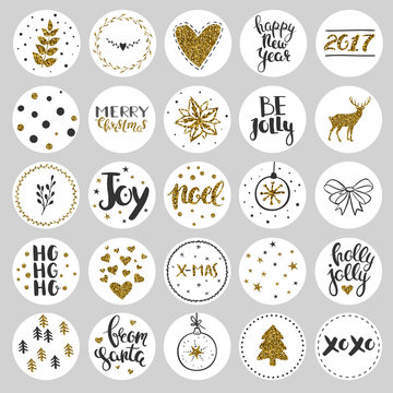Set of round Christmas stickers. Christmas labels and stickers for decorating presents for winter holidays. Black and gold round stickers with glitter. 
