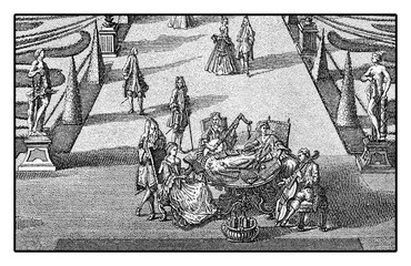 Marriage feast and leisure celebration with music entertainment in garden, engraving 18th  century