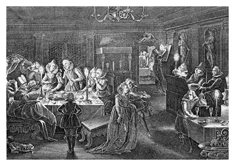Year 1615, night dinner and entertainment, vintage engraving