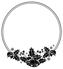 Silhouette round frame with Christmas bell, holly berry and pine cones.