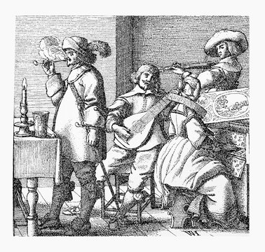 Lifestyle and leisure in XVII century, men and woman having fun playing music together