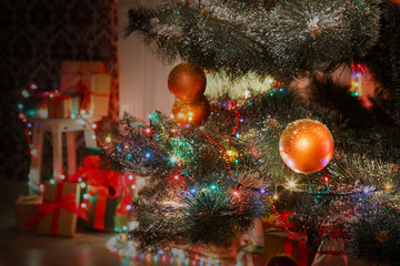 Beatiful christmas decorated tree in shining lights