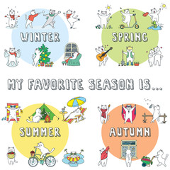 My favorite season is... Set of doodle vector illustrations of funny white cat enjoying the seasons