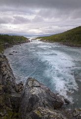 Turbulent river raging down with sunny forest background