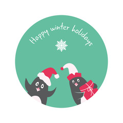 Funny winter holidays card with penguin Elf, Santa