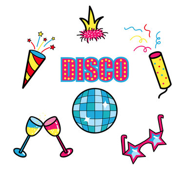 Disco club party stickers set, patch, symbols