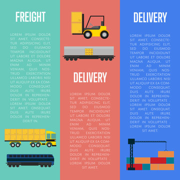 Freight and delivery flyers set isolated vector illustration. Transportation templates with cargo crane, freight container truck and forklift truck with boxes. Delivery company business concept