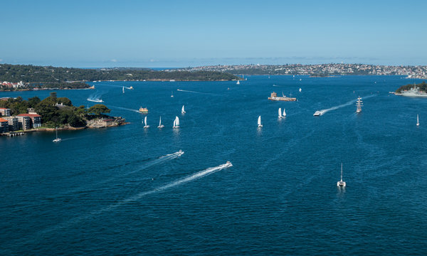 View of passenger boats near the Circular Quay harbour in Sydney