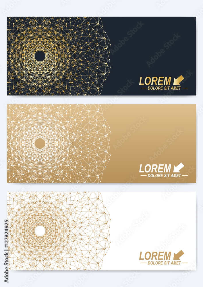 Poster modern set of vector banners. geometric abstract presentation with golden mandala. molecule and comm