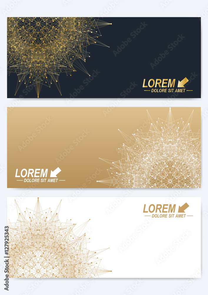 Poster Modern set of vector banners. Geometric abstract presentation with golden mandala. Molecule and communication background for medicine, science, technology, chemistry. Digital or science representation