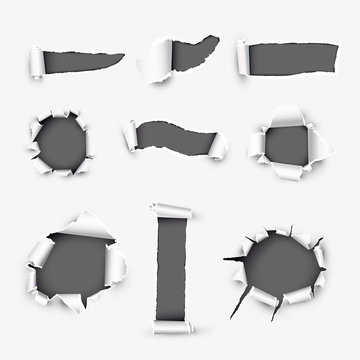 Realistic holes in white paper with damaged sides variety forms and sizes. Torn off white background with ripped edges vector illustrations set. Torn page banner template with copyspase for web design