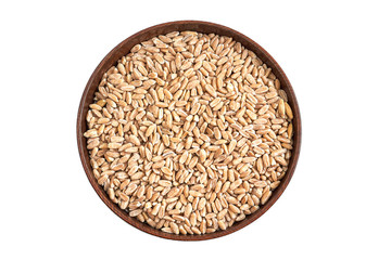 Spelt grain (dinkel wheat) in wooden bowl isolated on white background
