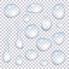 Set of transparent blue drops of water.