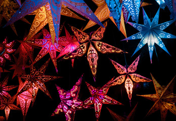 Beautiful christmas market stalls decorations. Colorful Christma