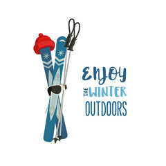 Mountain ski pole sport hat icon. Vector cartoon winter symbol isolated. Season motivation quote Enjoy winter outdoors. Design idea for advertisement of active lifestyle banner background - obrazy, fototapety, plakaty