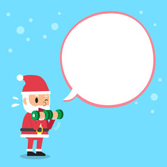 Cartoon santa claus doing dumbbell bicep curls training with white speech bubble