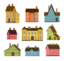 Colorful residential house set vector illustration in flat design. Private residential architecture, cottage, real estate, family home icons. House building collection isolated on white background