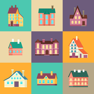 Colorful residential house set vector illustration in flat design. Private residential architecture, cottage, real estate, family home icons. House building collection isolated on color background