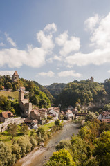 Freiburg, Fribourg, Stadt, Altstadt, Altstadthäuser, Saane, Fluss, Festung, Berntor, Bernbrücke, Katzenturm, Galternbrücke, Herbst, Schweiz