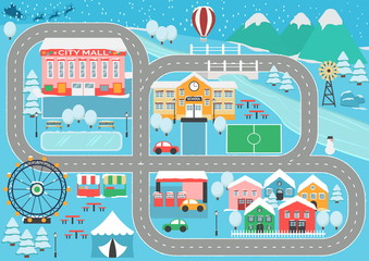 Winter snowy city car track play placemat