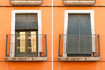 Vintage windows with shutters closed and opened outdoors. Protection against sun and heat 