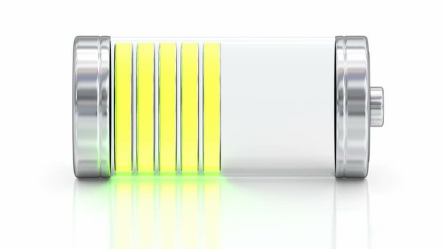 Battery charging and discharging on white reflecting surface 3D animation