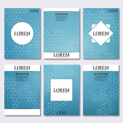 Set of business templates for brochure, flyer, cover magazine in A4 size. Structure molecule DNA and neurons. Geometric abstract background. Medicine, science, technology. Vector illustration.