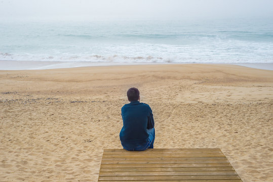 Sand Beach Path Man Adult Person People Sit Back Thinking Sad Lonely Watch Ocean Sea