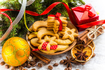 Christmas cookies with ginger decorated with red ribbon