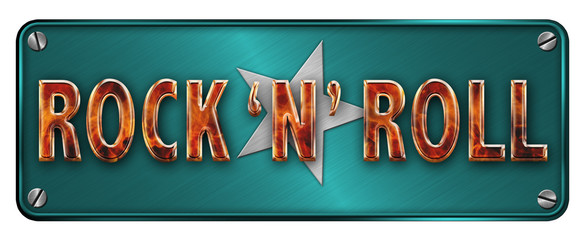 Fire style 3D Chrome/metallic 'ROCK N ROLL' text on a banner or