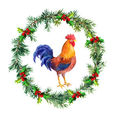 Obraz na płótnie Canvas New year wreath, rooster cock - symbol of chinese calendar 2017. Watercolor bird