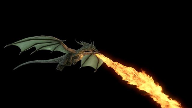 Animated realistic Dragon flying and breathing fire. Seamless loop with alpha channel.