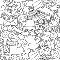 Merry christmas set of xmas monochrome pattern and text templates. Ideal for holiday greeting cards, print, coloring book page or wrapping paper.