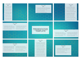 Set of modern business presentation templates in A4 size. Connection structure. Abstract background with molecule DNA and neurons. Medicine, science, technology concept. Vector illustration.
