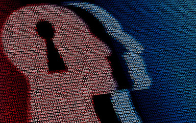 Human head with lock hole in digital background. Concept of artificial intelligence, machine learning, or ethics of AI