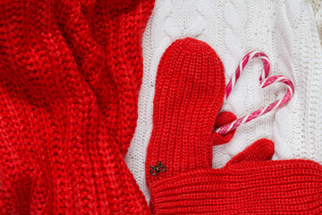 Christmas decoration on warm clothes. Design for your New Year`s card