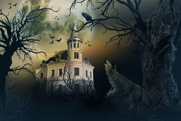 Haunted Castle with Crows and Horror Scene.
