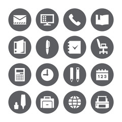 Business, office icons. Vector white signs, gray circle.